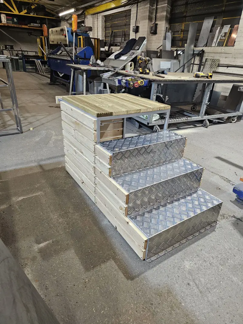 Chequer Plate Steps With Wood Platform on Top and Wooden Sides: Swipe To View More Images